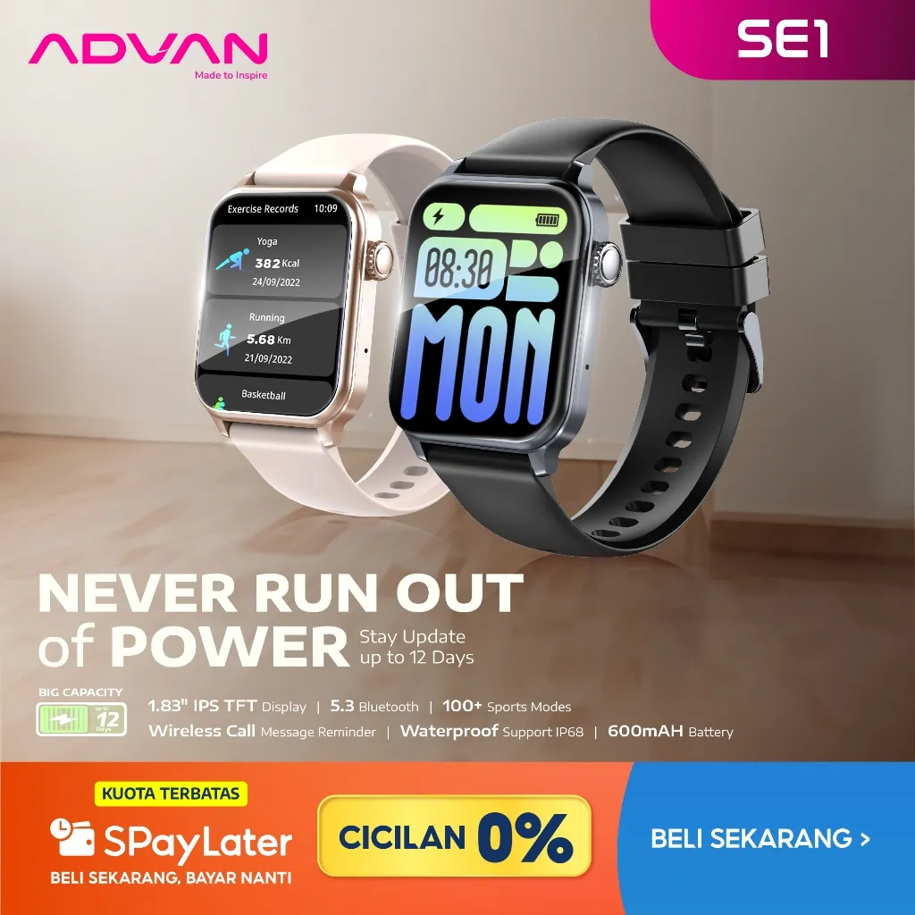 [SPL CICILAN 0%] ADVAN Smartwatch SE1 | IPS 1.83" | Bluetooth Calls | Bluetooth 5.2 | Ai Voice Assistant | 100+ Sport Mode | Waterproof IP68 | Up To 30-Days Battery Life