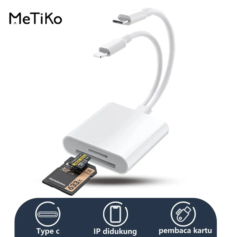MeTiko 2in1 OTG Adapter Card Reader Untuk IPhone  Lightning To SD/TF  Memory Card  / Type C To SD/TF  Memory Card OTG Data Transfer