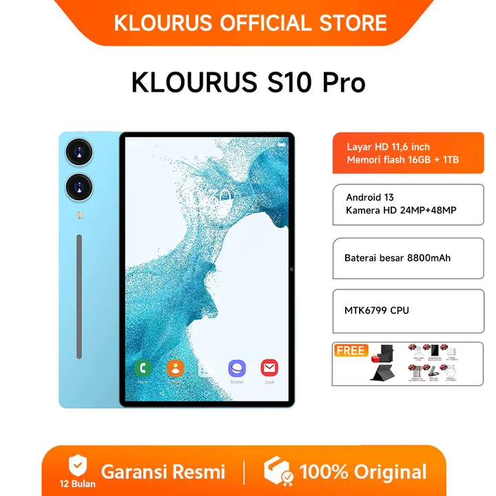 KLOURUS Tablet S10 Pro (16GB + 1024GB) | IPS 11.6" | Tablet Murah untuk Belajar,Gaming, Kerja & Hiburan | 5G Dual SIM, WiFi Tablet Anak Android, Kamera 48MP | Kapasitas baterai besar 8800mAh[KLOURUS Official Store]​