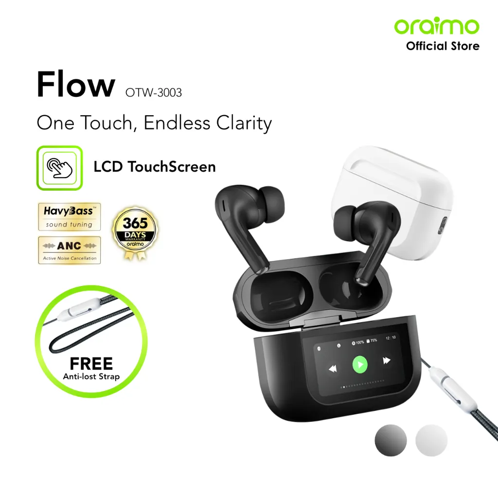 oraimo Flow OTW-3003 Stereo Nirkabel Sesungguhnya V5.4 ENC IPX4 Headset Super Bass Headphone Earphone Hitam Laptop TRUE Wireless Black Earphones Headphones Telepon
