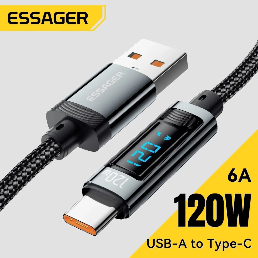 Essager Kabel Charger Fast Charging 120W 6A Cable Nylon Braided Digital Display For Xiomi Huawei
