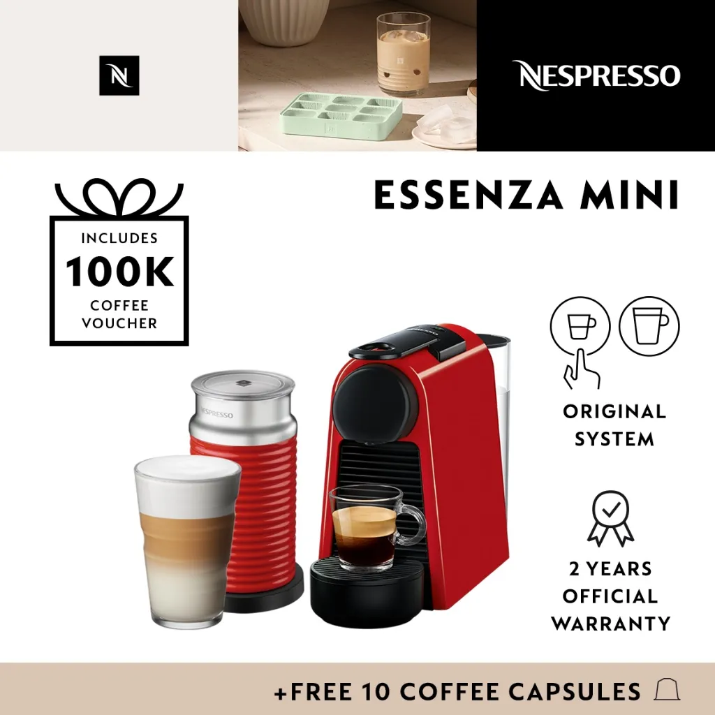 NESPRESSO Essenza Mini Coffee Machine Red, with Aeroccino3 Red