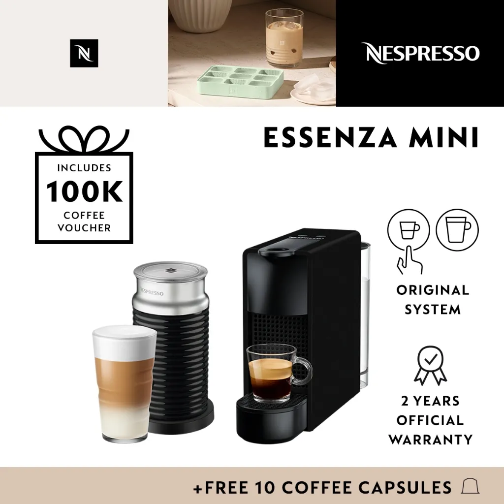 NESPRESSO Essenza Mini Coffee Machine Black, with Aeroccino3 Black