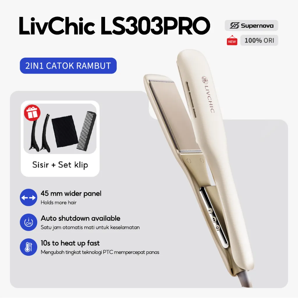 LivChic 2IN1 LS303S LS303 PRO Catok Rambut 45MM Panel Meluruskan Keriting Alat pengeriting rambut