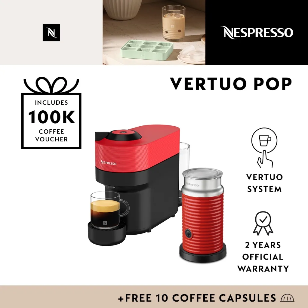 Nespresso Vertuo Pop Coffee Machine, Spicy Red with Aeroccino3 Red (Mesin Kopi)