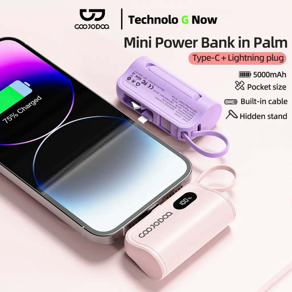Goojodoq 5000mah Mini Powerbank Dengan colokan ganda Lightning + Tipe C for iphone Android Phone Built in Cable Small Portable Charge