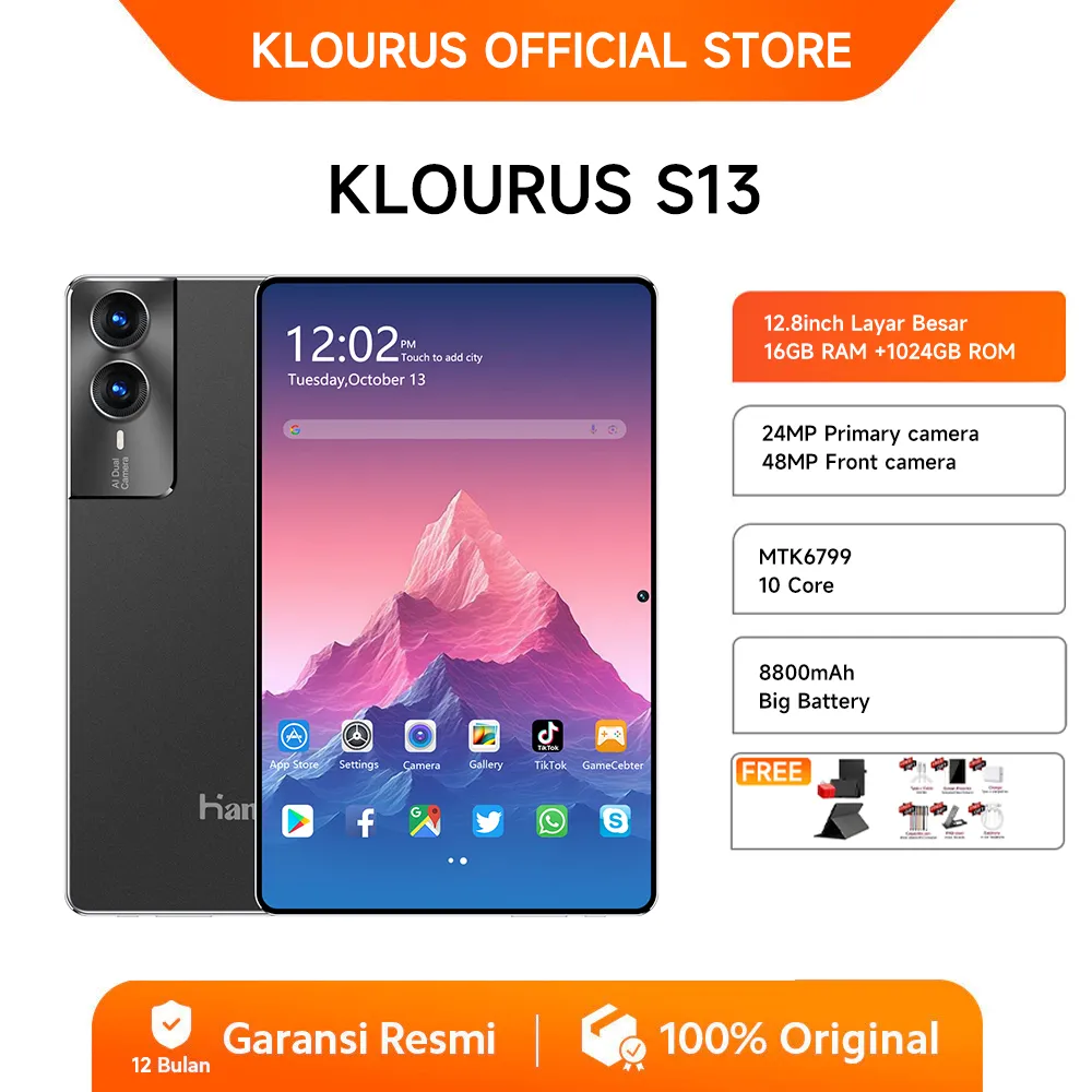 ​​KLOURUS Tablet S13 (16GB + 1024GB) | IPS 12.8" | Tablet Murah untuk Belajar,Gaming, Kerja & Hiburan | 5G Dual SIM, WiFi Tablet Anak Android, Kamera 48MP | Kapasitas baterai besar 8800 mAh [KLOURUS Official Store]​