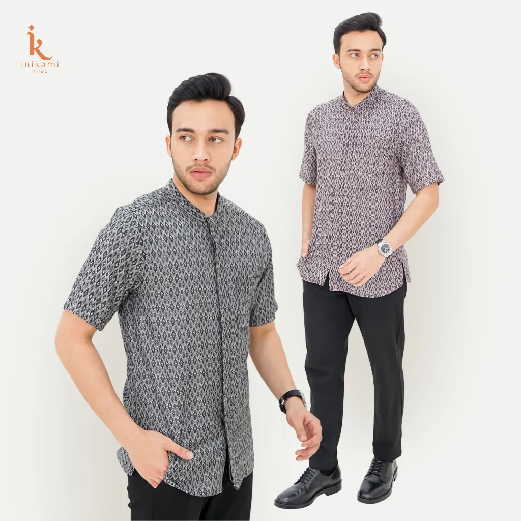 Inikami - ASA Koko Pria Dewasa Lengan Pendek Burgundy Bahan Dobby Premium Kerah Shanghai Elegan Mewah Cocok Dipakai Di Segala Acara