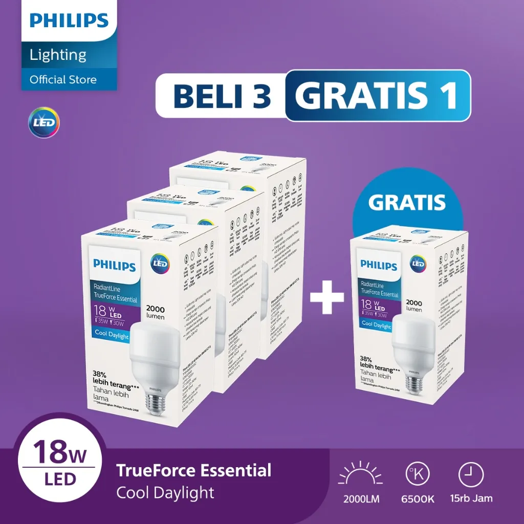 Philips Paket Lampu Lebih Cuan Beli 3 Gratis 1 Radiantline Trueforce 18W 6500k Putih