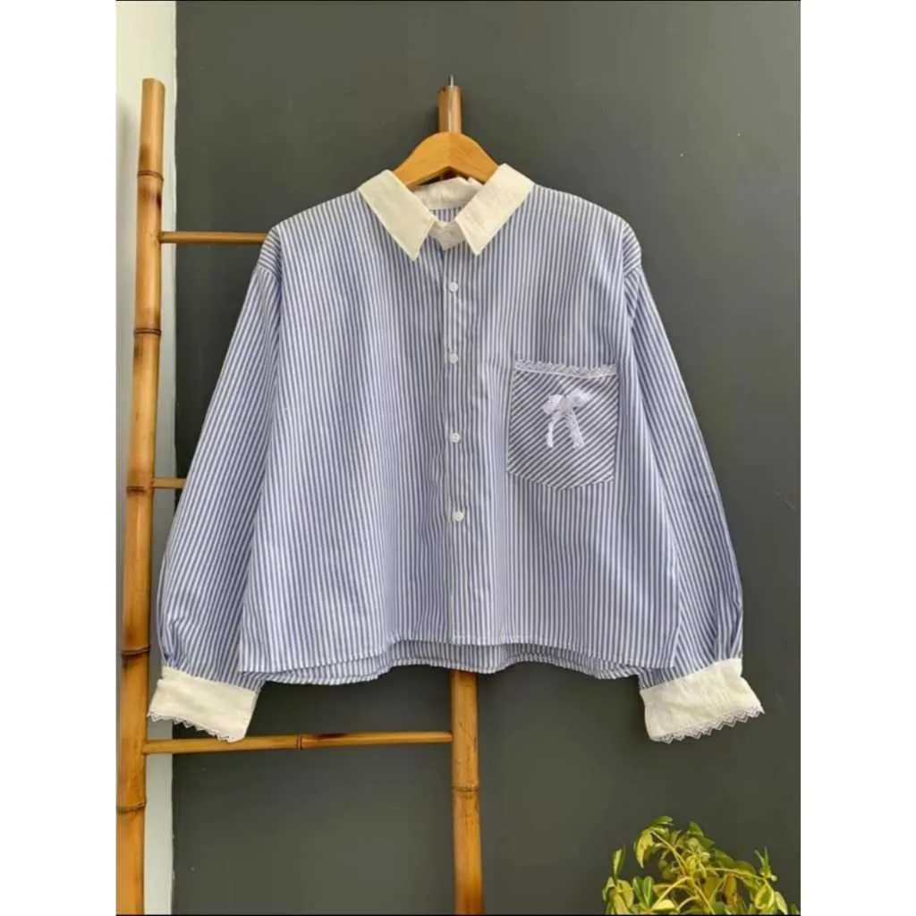 Tere Blouse Strip Salur Kemeja Crop Terbaru