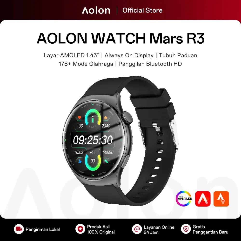 Aolon Mars R3 Jam Tangan Smartwatch Pria Running Pace 60Hz AMOLED Screen AOD Metal Case Custom Wallpaper Bluetooth Call Health Monitoring Smart Watch IP68 Waterproof 178+ Sport Mode