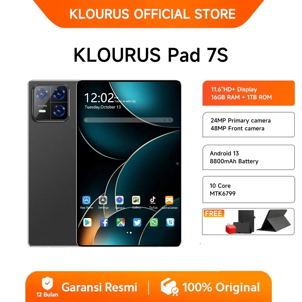 KLOURUS Tablet Pad 7s (16GB + 512GB) | IPS 11.6" | Tablet Murah untuk Belajar,Gaming, Kerja & Hiburan | 5G Dual SIM, WiFi Tablet Anak Android, Kamera 48MP | Kapasitas baterai besar 8800mAh[KLOURUS Official Store]​