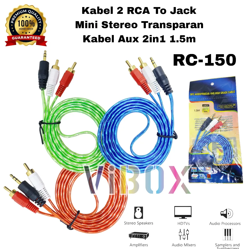 Vibox Kabel Aux Av Rca 2x1 To Jack 3.5mm RC-150 Transparan Cable Jack Audio Speaker Untuk Hp Pc Tv Amplifier Multi Media 1.5M Terlaris Sen