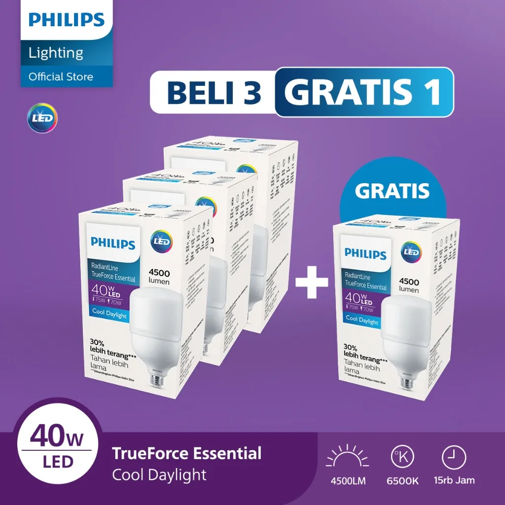 Philips Paket Lampu Lebih Cuan Beli 3 Gratis 1 Radiantline Trueforce 40W 6500k Putih