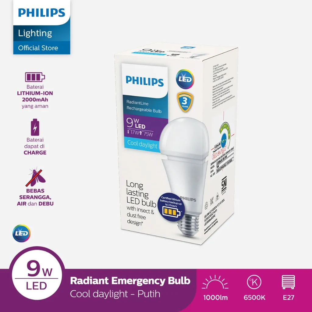 Philips RadiantLine Emergency Rechargeable LEDBulb 9W 6500K Putih