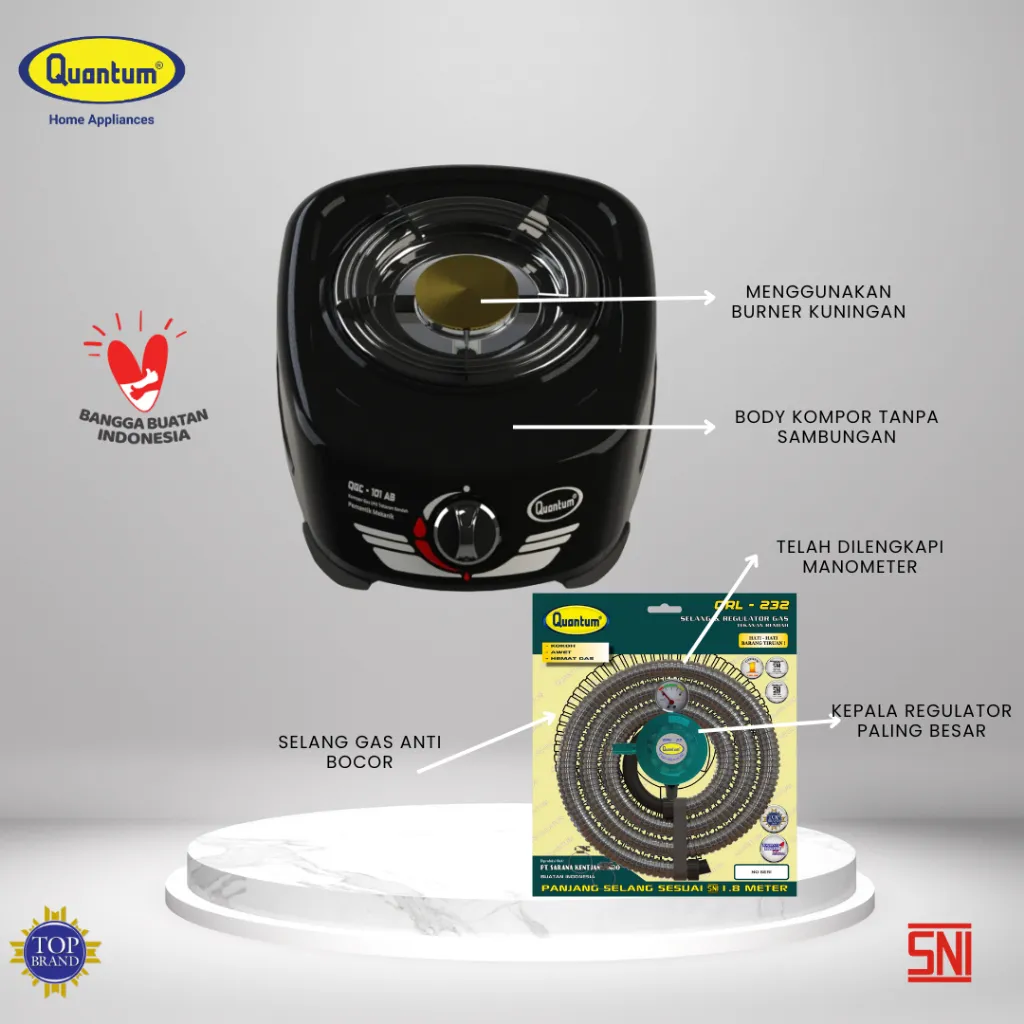 Paket Kompor Gas Quantum QGC 101 AB BLACK dan Selang Regulator QRL 232