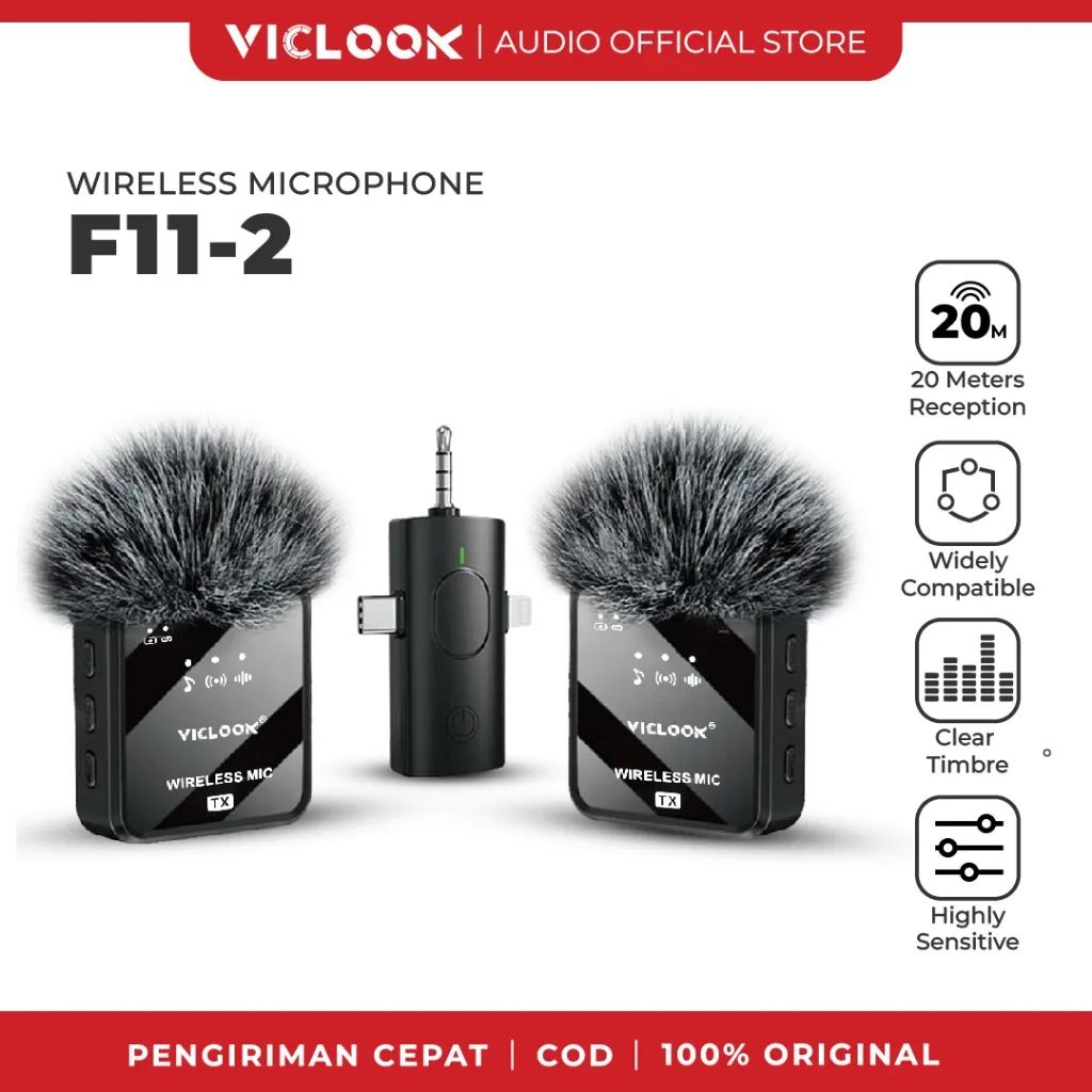 VICLOOK Mikrofon Nirkabel Lavalier Bluetooth 3-in-1 Wireless Mic Clip On - Plug &Play Dual Lavalier