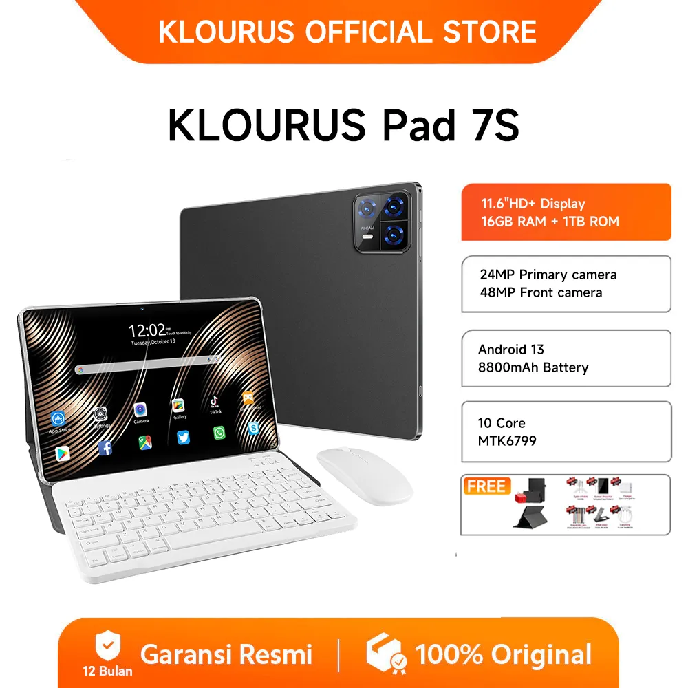 KLOURUS Tablet Pad 7s (16GB + 512GB) | IPS 11.6" | Tablet Murah untuk Belajar,Gaming, Kerja & Hiburan | 5G Dual SIM, WiFi Tablet Anak Android, Kamera 48MP | Kapasitas baterai besar 8800mAh[KLOURUS Official Store]​