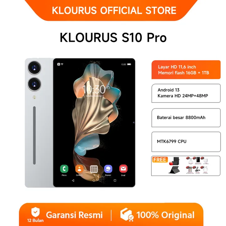 KLOURUS Tablet S10 Pro (16GB + 256GB) | IPS 11.6" | Tablet Murah untuk Belajar,Gaming, Kerja & Hiburan | 5G Dual SIM, WiFi Tablet Anak Android, Kamera 48MP | Kapasitas baterai besar 8800mAh[KLOURUS Official Store]​