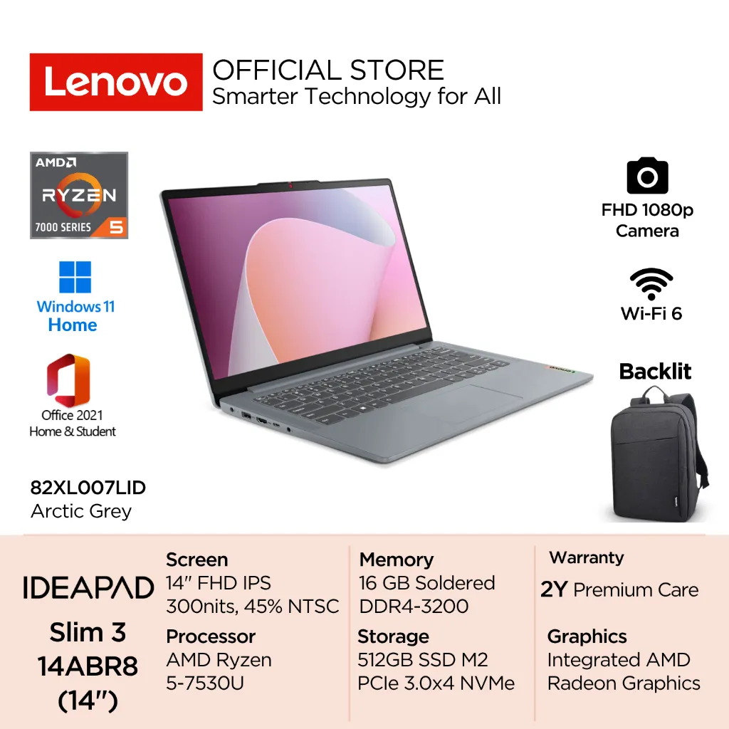 Lenovo IdeaPad Slim 3 14ABR8 AMD Ryzen 5 7530U Win11 16GB Soldered 512GB SSD 14" FHD IPS 300nits 45% NTSC Antiglare Integrated Backlit 1080P Camera OHS 7LID 7KID Laptop 14inch Tipis Ringan 82XL007LID Grey 82XL007KID Blue Windows Office 7000seri