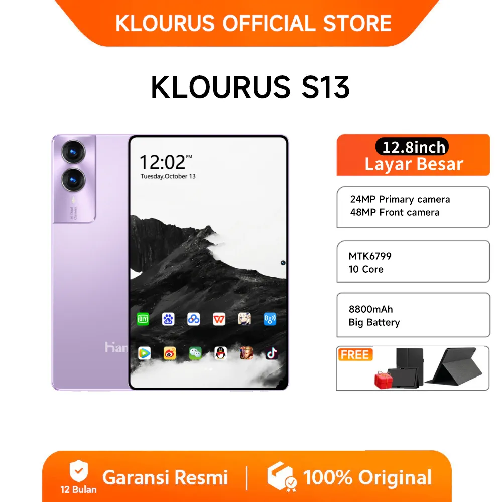 ​​KLOURUS Tablet S13 (16GB + 256GB) | IPS 12.8" | Tablet Murah untuk Belajar,Gaming, Kerja & Hiburan | 5G Dual SIM, WiFi Tablet Anak Android, Kamera 64MP | Kapasitas baterai besar 12000 mAh [KLOURUS Official Store]​