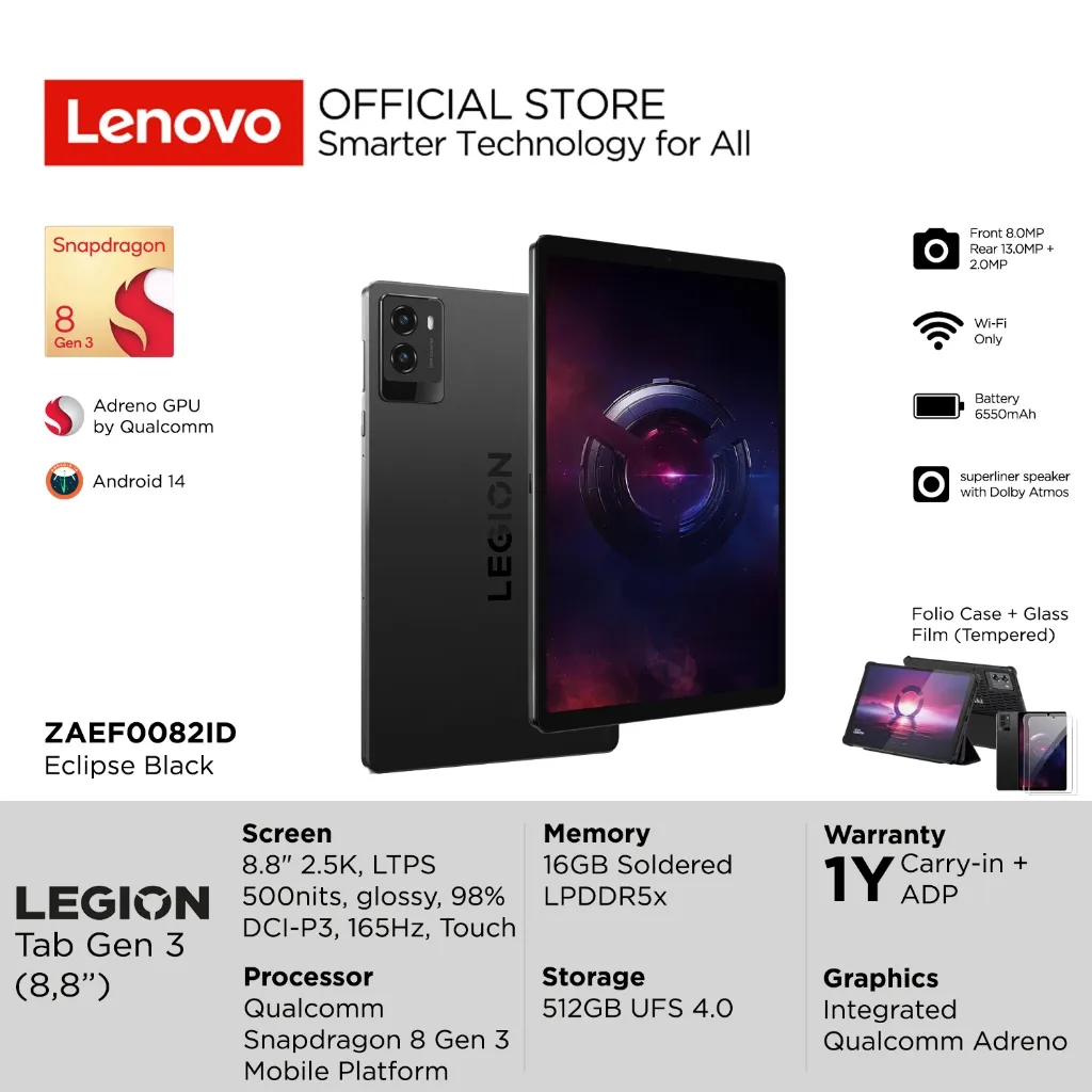 Lenovo Legion Tab Gen 3 82ID 88ID Snapdragon 8 Gen 3, Integrated Qualcomm Adreno GPU, RAM 16GB, Storage 512GB, Battery 6550mAh, 8.8" 2.5K 165Hz Touchscreen, Android 14, Wi-Fi Only, Tablet Gaming 8" ZAEF0082ID Black ZAEF0088ID White