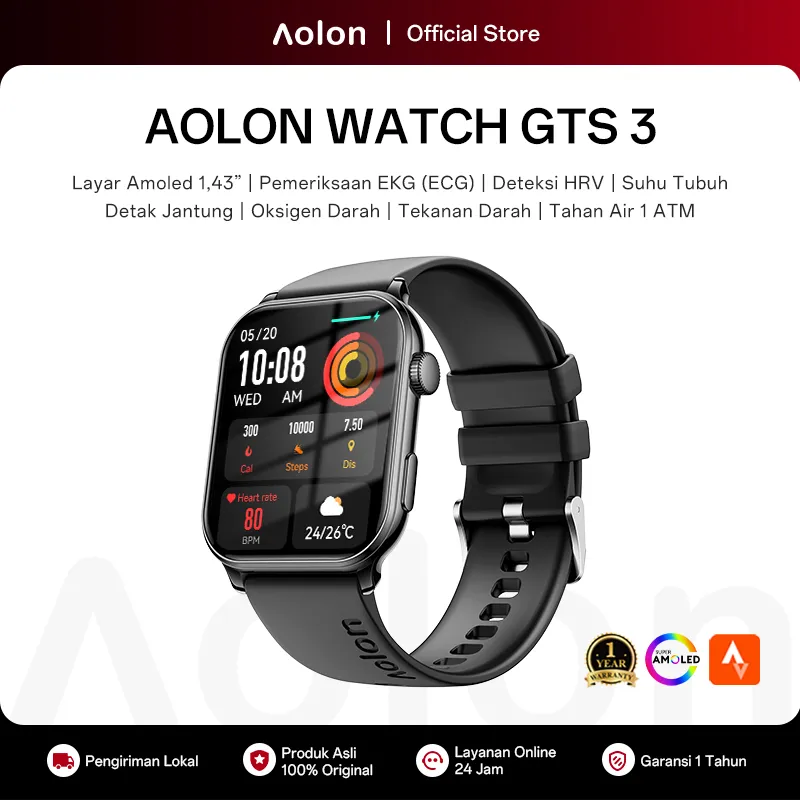 Aolon GTS 3 Jam Tangan Smartwatch Tipis Original 41mm Amoled AOD Ultra-thin Whatsapp Bluetooth Telepon Detak Jantung Olahraga Kesehatan VS Watch 5 Active