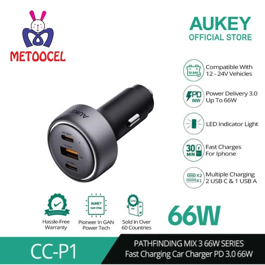 AUKEY CC-P1 Pathfinder Mix 3 66W Fast Charging Car Charger Mobil Charger
