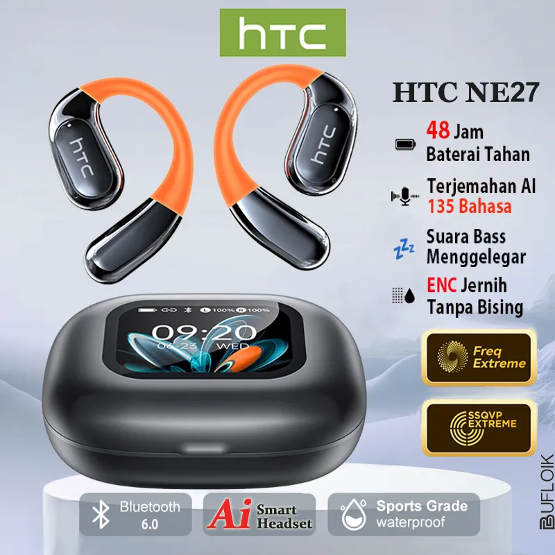 HTC NE27 Headset Bluetooth Sport Hanging Ear TWS Open Terjemahan Layar Pintar LCD Earphones Tulang Konduksi Tahan Air Headphone Posisi Wireless Earbuds