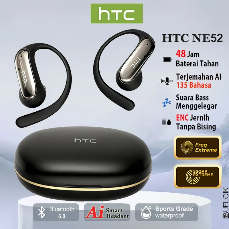 HTC NE52 OWS Earphone TWS Full Bass Terjemahkan Percakapan Headset Bluetooth 6.0 Powerful Bass On-Ear Smart Touch Control Waterproof