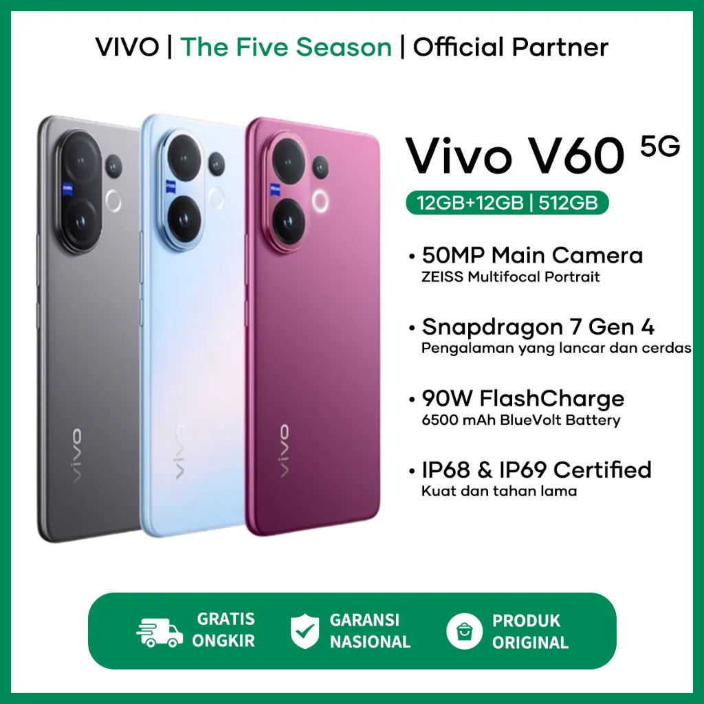 [ Official Store ] Vivo V60 5G 8/256GB (8+8GB Extended RAM) 50MP Camera 6500mAh + 90W FlashCharge