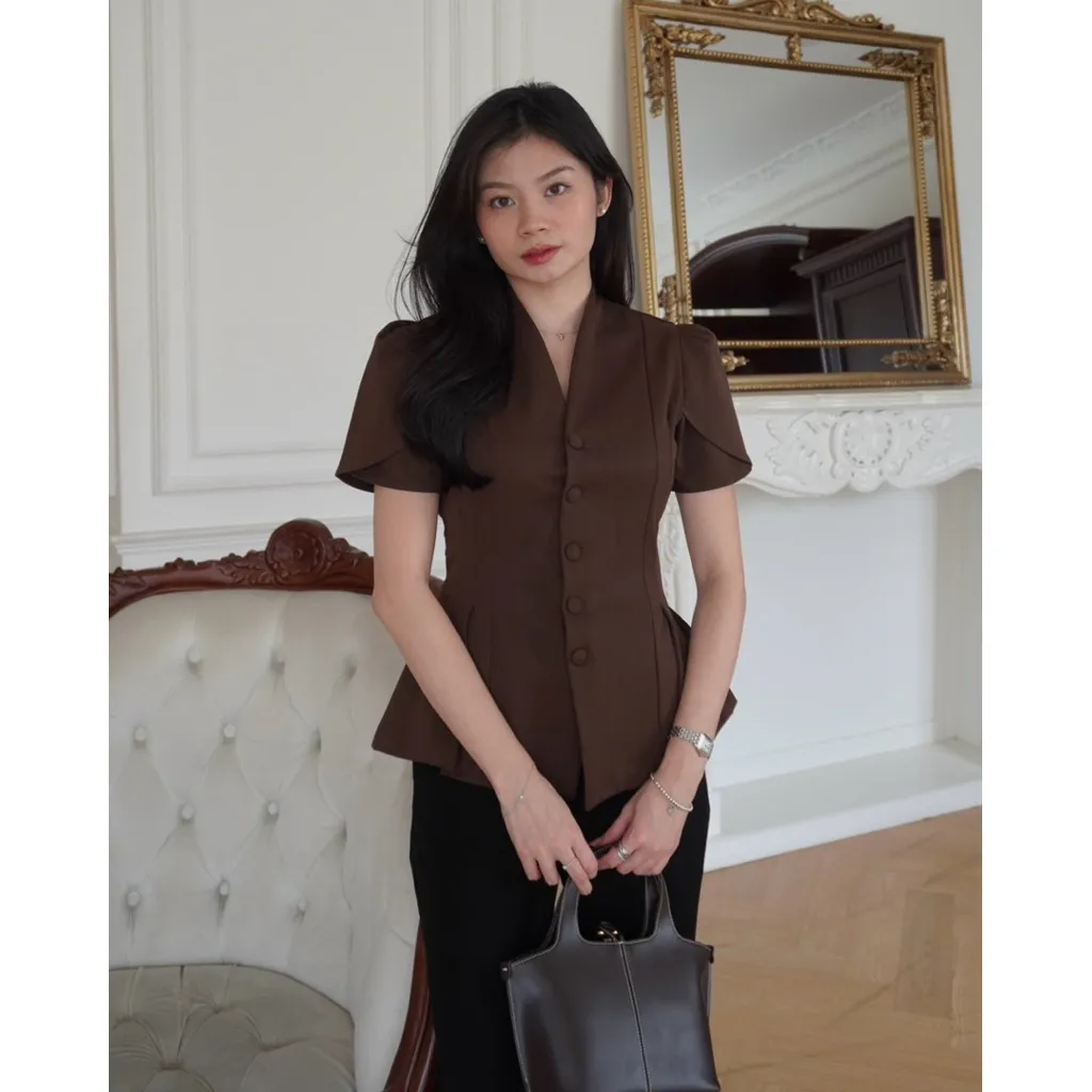 WITH EASE - Sadie Top | Peplum Tailored Top with Puff Tulip Sleeves | Atasan Kerja Wanita Tangan Pendek | Women Work Outfit | Baju Wanita