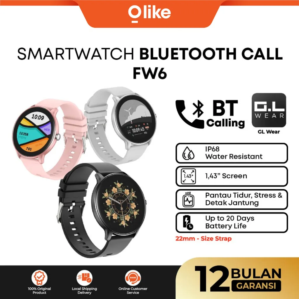 OLIKE Smartwatch FW6 Jam Digital Smart Watch IP68 Waterproof Bluetooth Call 1.43"Display With Healty Management 20 Day Battery Life