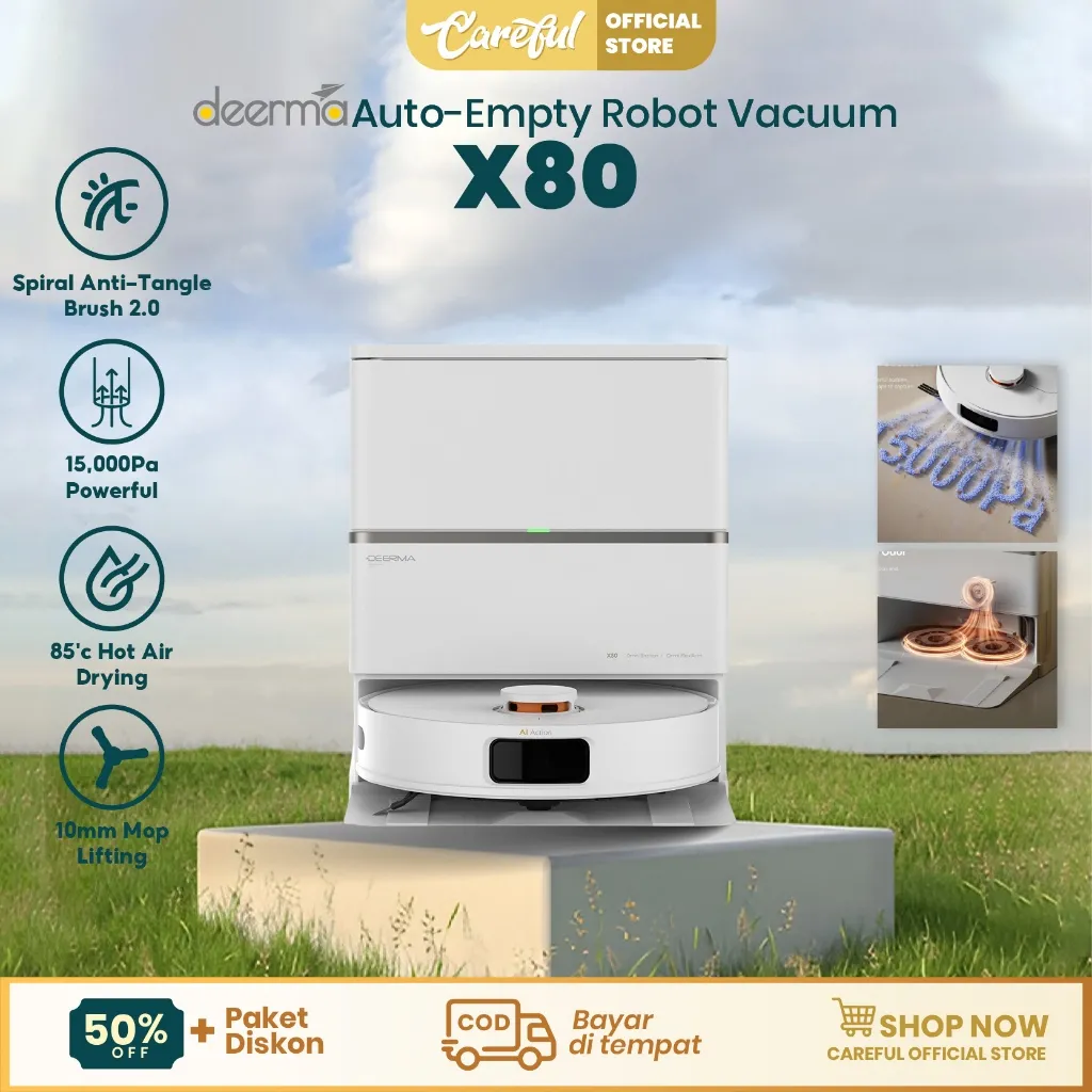 Deerma X80 Robot Vacuum Cleaner | Pengeringan dengan Udara  |Panas 85°C | Sapu Vacum Pel Vakum Mop |15000Pa|1 Year Local Warranty | Mi Home App