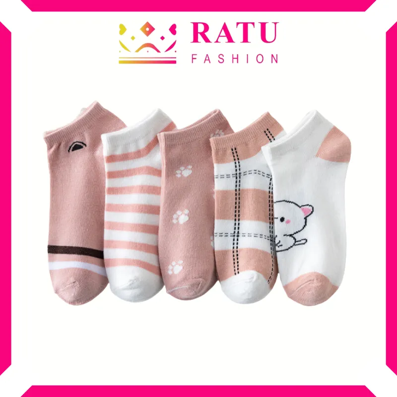 Ratufashion Kaos Kaki Pendek Wanita Motif Pink Unisex Semata Kaki Putih Socks Ankle Socks KK1258