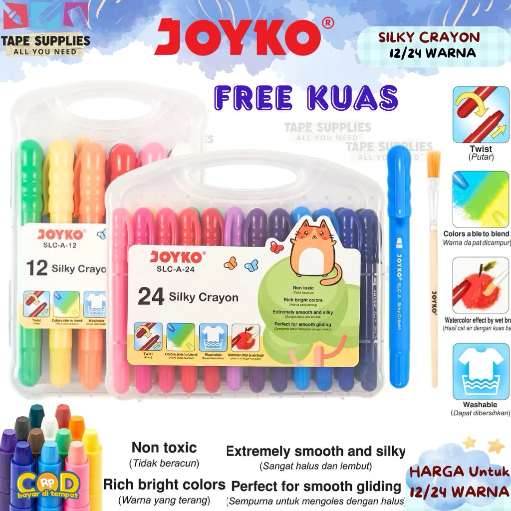 (WARNA SANGAT NYATA DAN HALUS) JOYKO Silky Crayon SLC-A 12 / 24 Warna – Krayon Anak Non-Toxic Free Kuas, Warna Cerah Bisa Dicuci