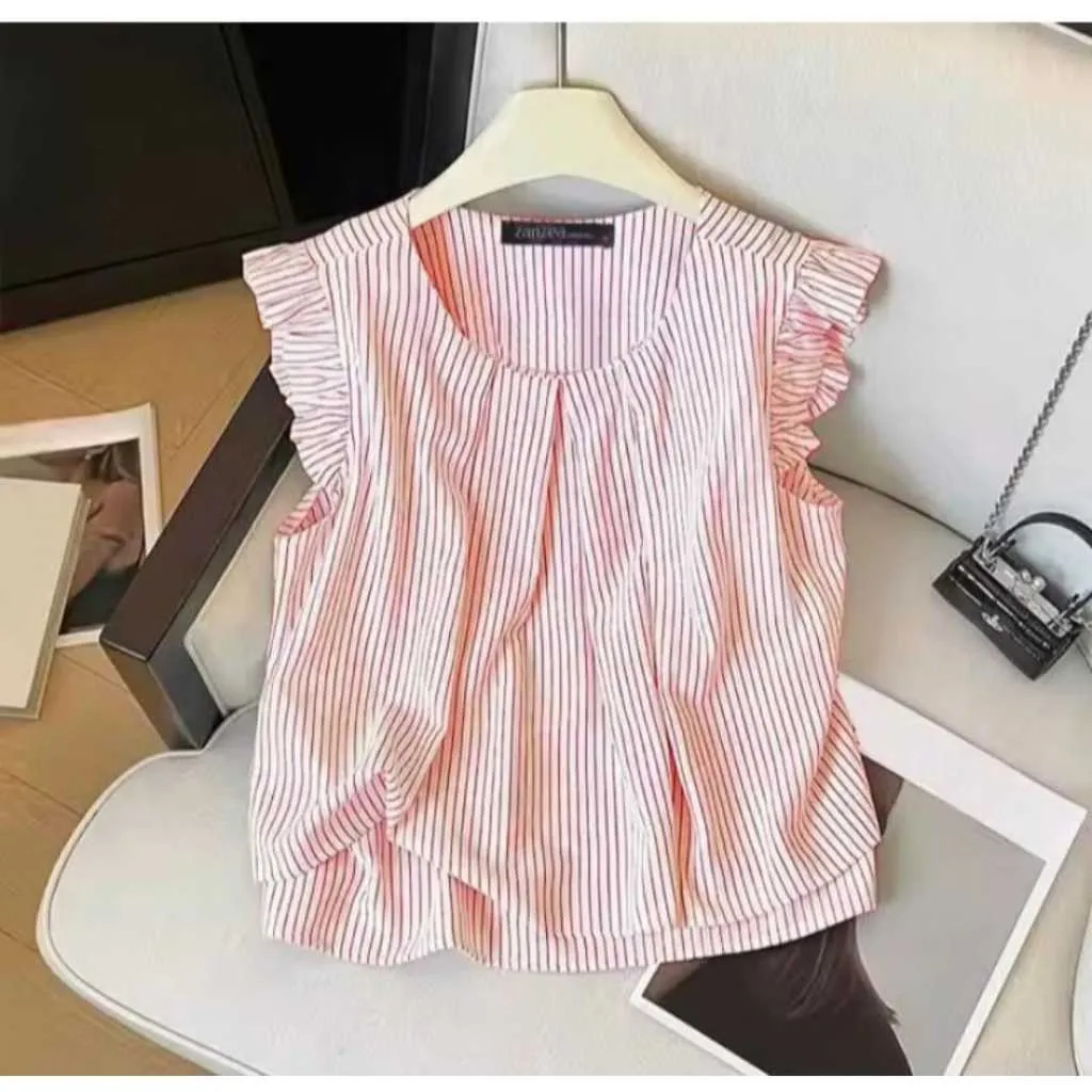 Inner Salur Crop Top Wanita | Atasan  Salur Lengan Pendek