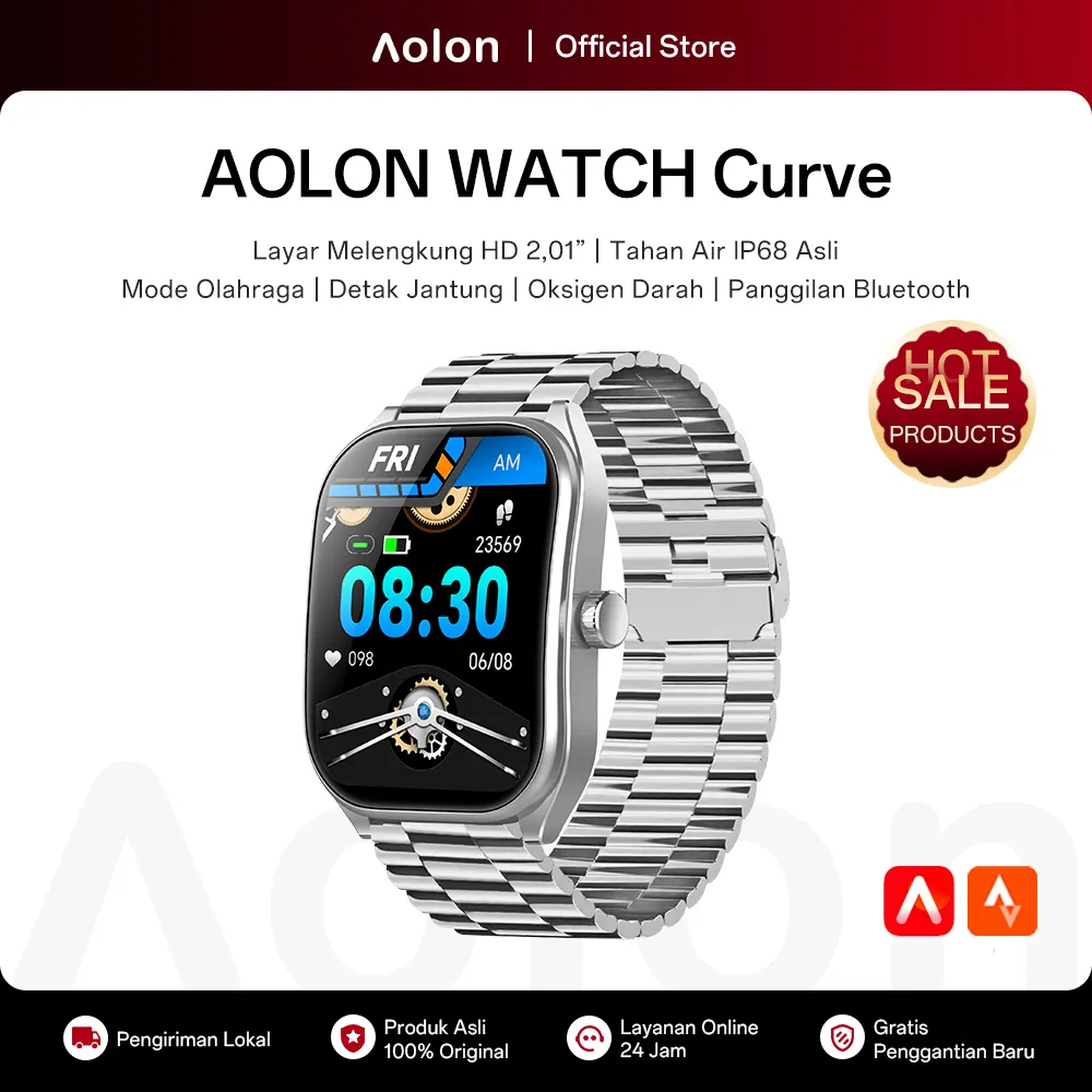 Aolon Curve Jam Tangan Smartwatch IP68 Original Bluetooth Call Heart Rate Blood Oxygen Sleeping Monitoring Custom Wallpaper Health Smart watch Pria 48mm Curved IPS Screen
