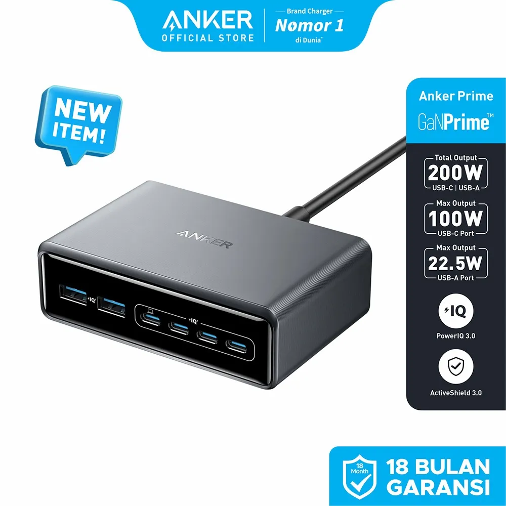 Anker Prime Charger 200W 6 Port GaN Charging Station USB C PD Fast Charging desktop Charger, Compatible With Iphone Samsung Macbook - A2683