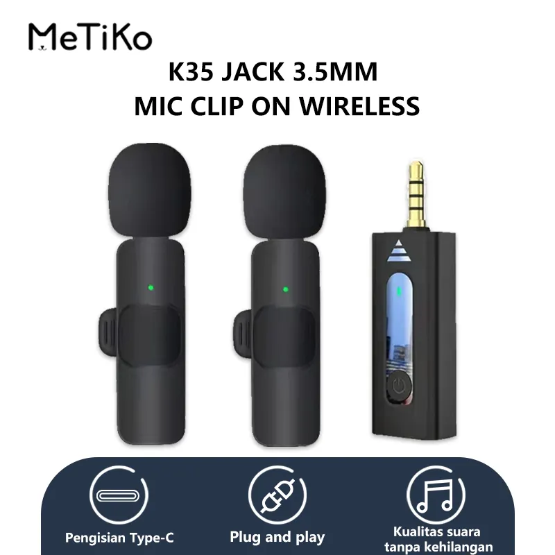 Metiko k35 Mikrofon Clip On Lavalier Nirkabel 3,5mm N Noice Reduction for Vlogging Singing Live Record Podcast