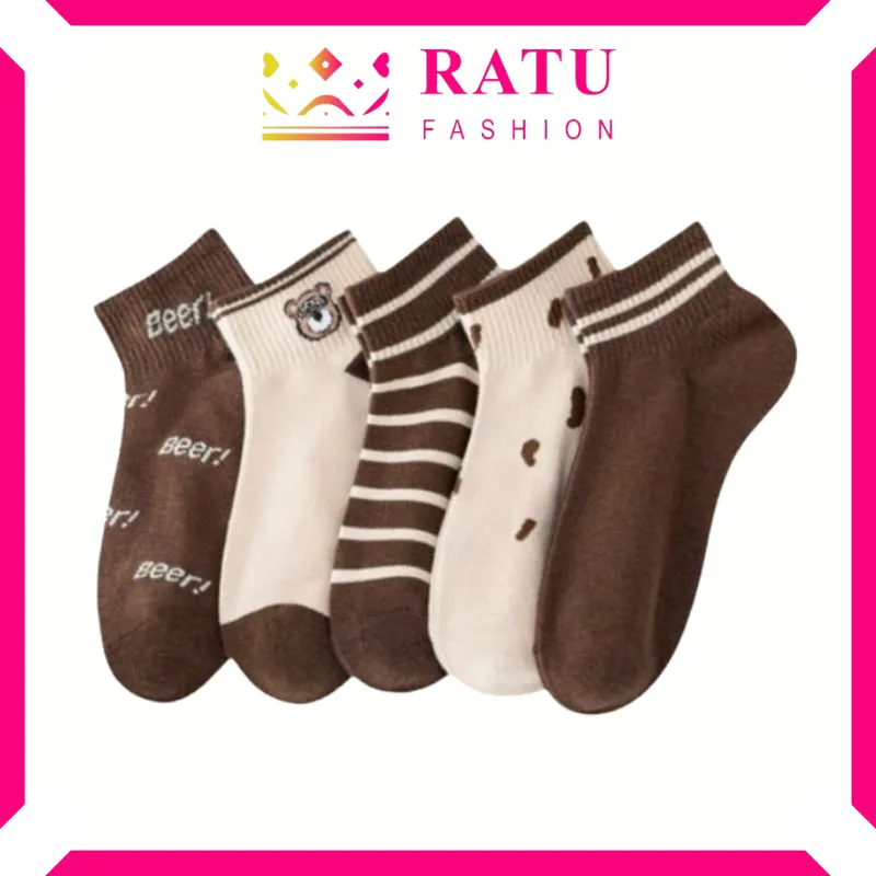Ratufashion Kaos Kaki Wanita Pendek Unisex Semata Kaki Ankle Motif Garis Brown Coklat Socks KK1123