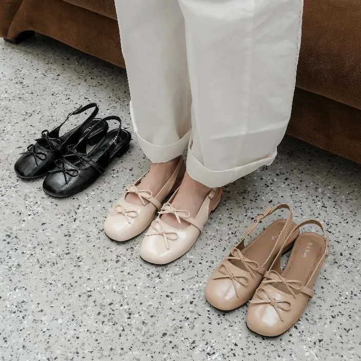 ALINE Elaine Mules Mary Janes Hak 2cm Motif Pita Wanita Kekinian Korean Style