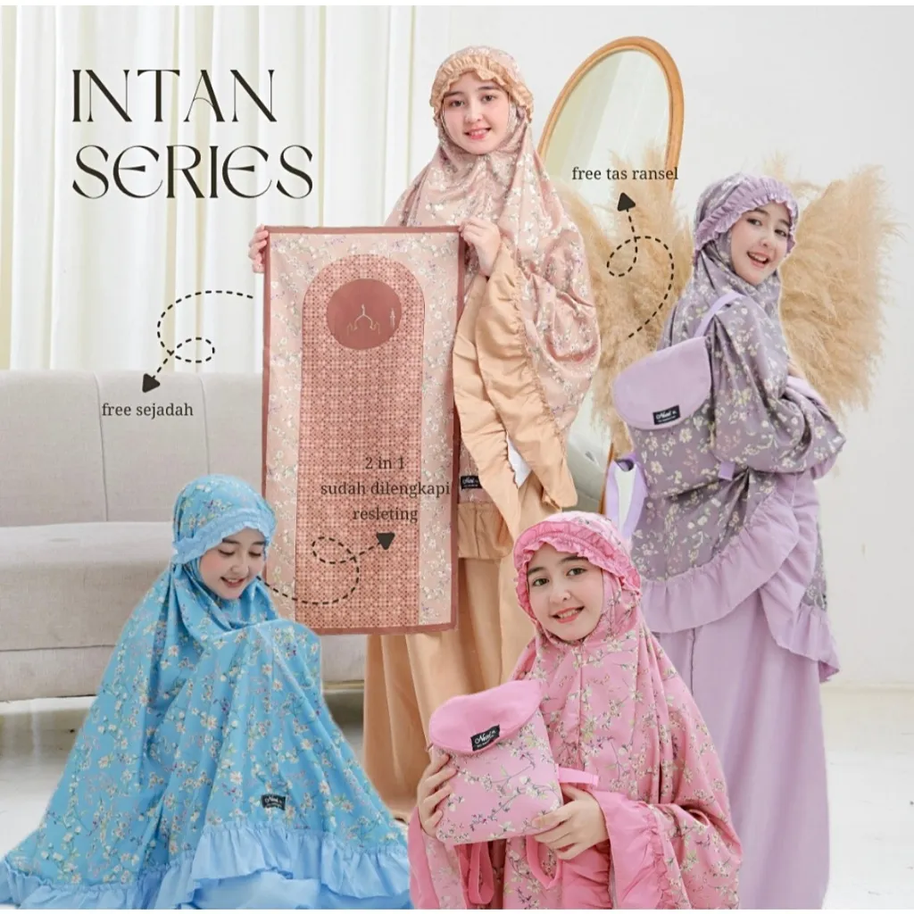 Mukena Anak Katun Motif Ransel + sejadah 2in1 resleting Intan Premium Series Usia 2 - 15 Tahun