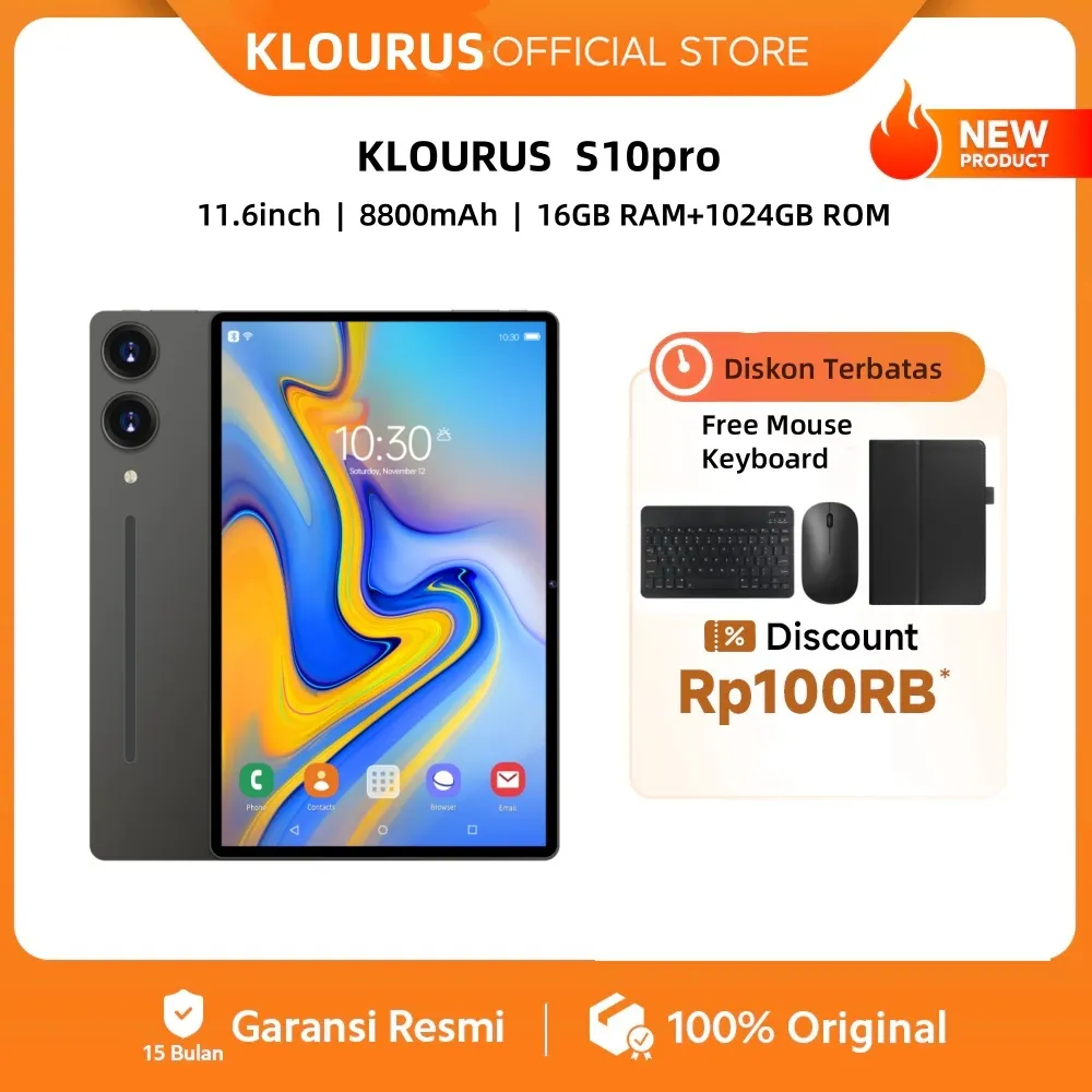 KLOURUS Tablet S10 Pro (16GB + 1024GB) | IPS 11.6" | Tablet Murah untuk Belajar,Gaming, Kerja & Hiburan | 5G Dual SIM, WiFi Tablet Anak Android, Kamera 48MP | Kapasitas baterai besar 8800mAh[KLOURUS Official Store]​