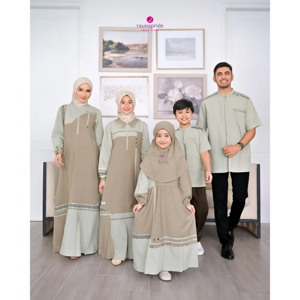 Rauna Pride-Sarimbit Kinasih Olive Dress dan Koko muslimah- Baju muslim Couple Keluarga 2025