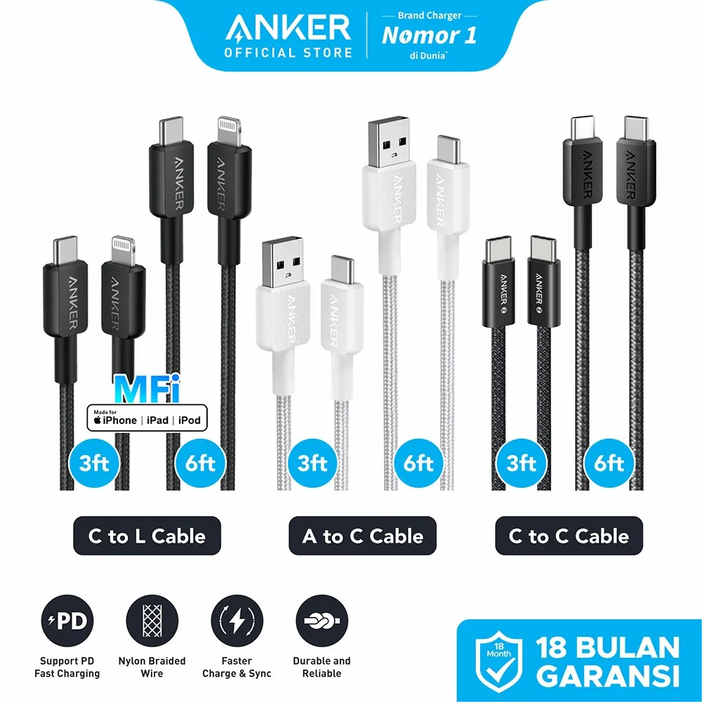 Anker Fast Charging Kabel Charger MFi iPhone X 11 12 13 14 15 16 PD Type C to C USB A and Lightning 15W 60W 240W 3ft 6ft Max 3A 5A Samsung Oppo - A81B5 / A81B6 / A81F5 / A81F6 / A81H5 / A81H6 / A8060