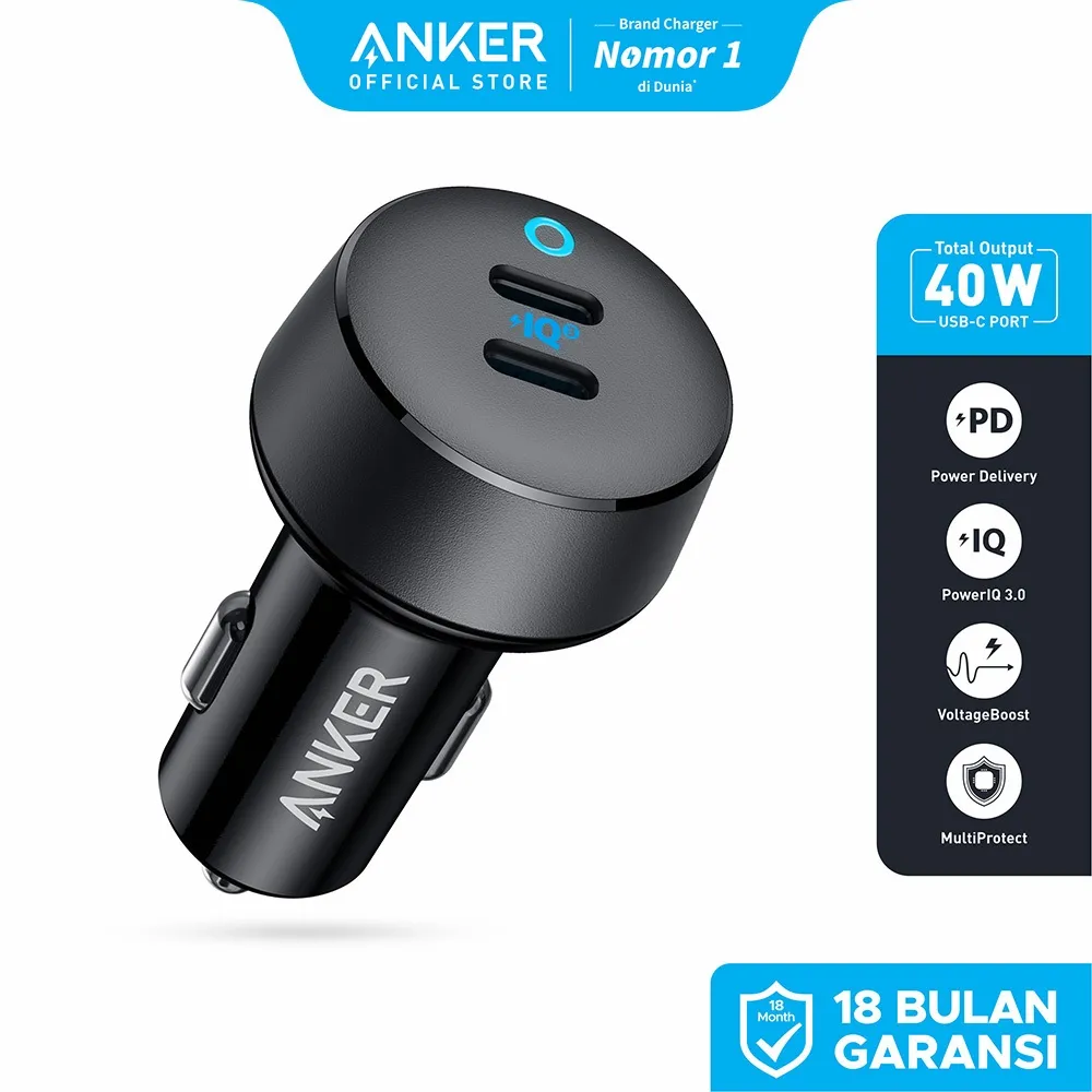 Anker PowerDrive III Duo USB-C Car Charger fast charging 40w 2-port each 20W power IQ 3.0 Type C - A2724