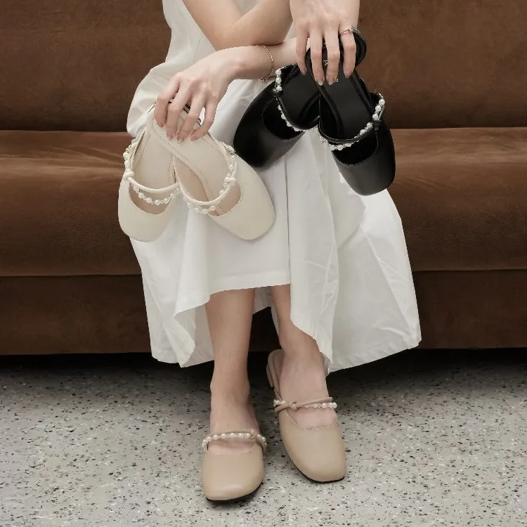 ALINE Ella Mules Mary Janes Hak 3 cm Wanita Kekinian Korean Style