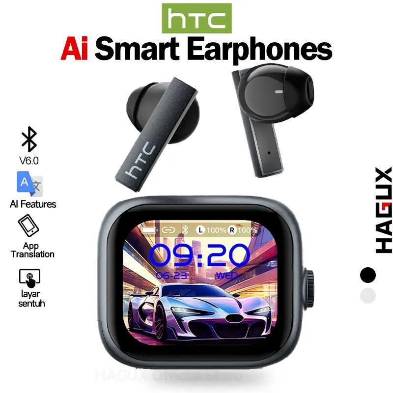 HTC NE40 Headset Bluetooth terjemahan AI True wireless Bluetooth earphones V6.0 In Ear TWS LED touch screen display earbuds headset olahraga earphone sport HD calls HI-FI Bass IPX5