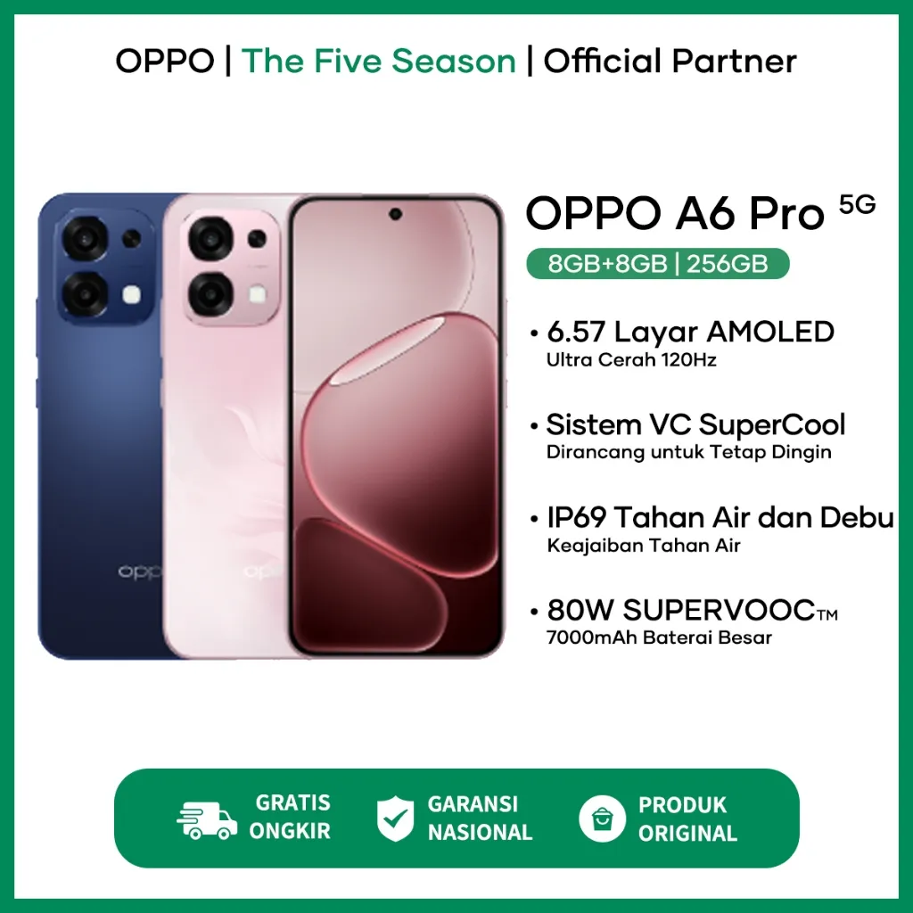 OPPO A6 Pro 5G 8/256GB 7000mAh Baterai 80W SUPERVOOC Dimensity 6300 Garansi Resmi OPPO Indonesia